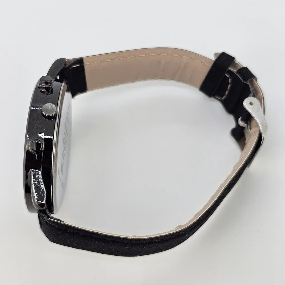Men's Analog Watch 41MM Black Dial Date Black Faux‎ Leather Bands New Battery